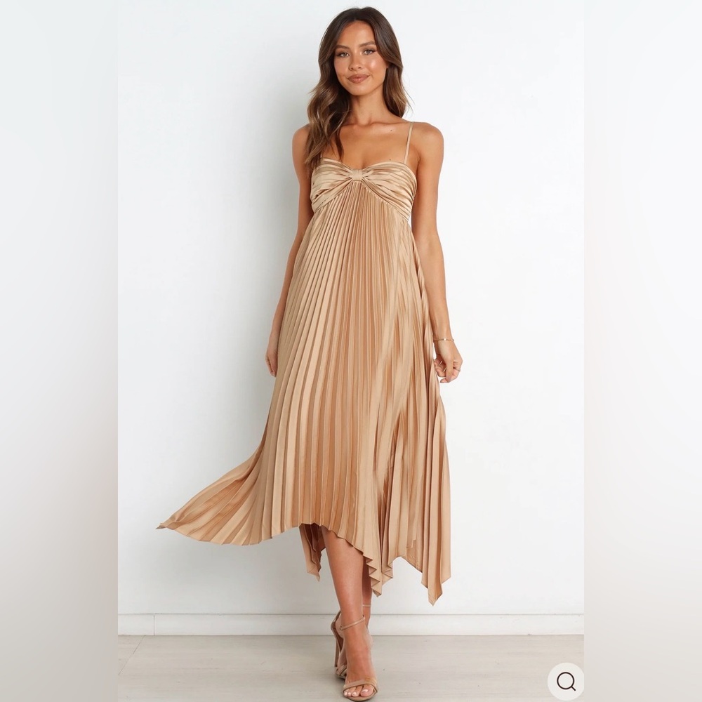 Beige Pleated Spaghetti-Strap Midi Dress